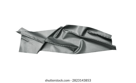 This image features a segment of grey duct tape captured in a curved form against a clean white background. The detailed texture of the woven fabric and the pronounced creases across its surface are clearly visible, emphasizing the material's flexibility and robustness. The isolation of the tape makes it a focal point, suitable for applications that require a visual representation of repair, construction, or industrial materials. The studio lighting highlights the subtle sheen and depth of the tape's texture, offering a clear and detailed perspective.