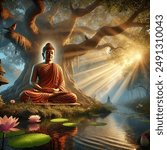 This image features a serene Buddha statue in a meditative pose beneath an ancient tree, bathed in warm sunlight.