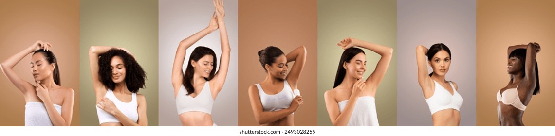 This image features seven multiethnic women with smooth underarms. They are all wearing white tops and are shown against different colored backgrounds. The women appear to be happy and confident.