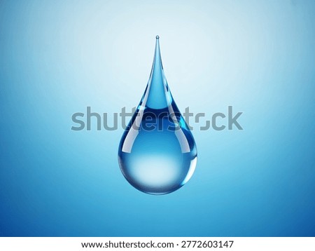 This image features a single clear blue water drop with a teardrop shape. The drop is centered against a gradient blue background that transitions from light to dark. A central light source creates a shiny reflection within the drop. The image showcases the purity and clarity of water in a simple yet elegant composition.