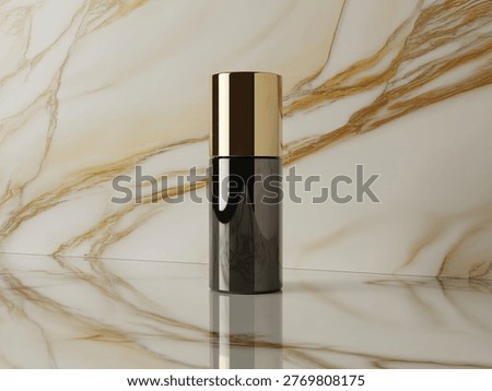 This image features a sleek, high-end perfume bottle with a black body and gold cap, placed on a beautiful marble surface with intricate brown veins. The bottle's modern design and luxurious materials evoke a sense of sophistication and glamour, perfect for beauty and fashion enthusiasts.