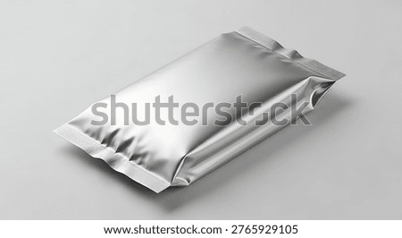 This image features a sleek silver foil packet placed on a plain gray background, ideal for showcasing product packaging or branding. The shiny metallic surface reflects light, creating a sense of depth and visual interest. The minimalist composition makes it perfect for commercial, advertising, or marketing use, allowing the product to take center stage.