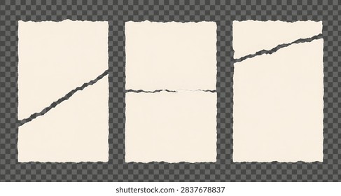 This image features three rectangular pieces of torn cream-colored paper, each with jagged, uneven edges. The paper is isolated on a transparent background, allowing for versatile layering in design projects.
