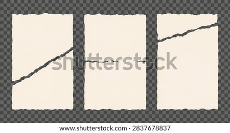 This image features three rectangular pieces of torn cream-colored paper, each with jagged, uneven edges. The paper is isolated on a transparent background, allowing for versatile layering in design projects.