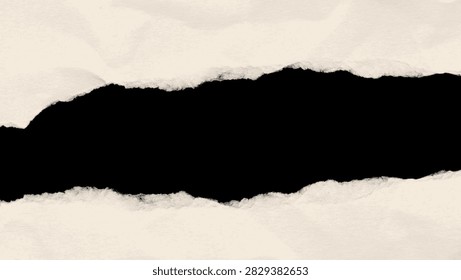This image features torn paper with a dark central void exhibiting a textured surface and rough fragmented edges. The background is a neutral tone creating contrast with the void.