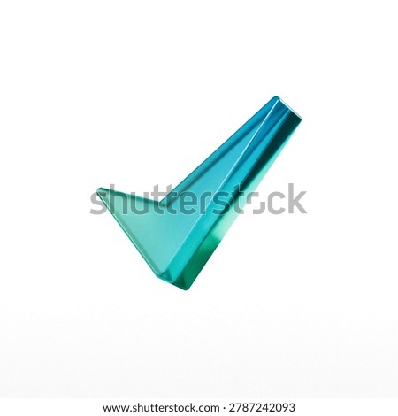 This image features a turquoise check mark, a three-dimensional rendering, isolated on a white background. The object has a smooth,