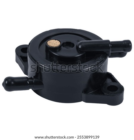This image features an upclose view of a black fuel pump situated against a stark white background, emphasizing its details and structure