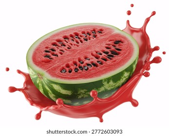This image features a vibrant and appetizing slice of watermelon with black seeds, surrounded by splashing red juice on a clean white background. The photo showcases the fruit's refreshing and healthy qualities, making it perfect for summer concepts, food blogs, or health-related content. The isolated setting and studio-quality photography highlight the watermelon's natural colors and textures.