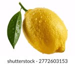This image features a vibrant yellow lemon with a green leaf and water droplets on a white background. The lemon is the main focus with its textured skin and bright yellow color. The green leaf adds a pop of contrast and freshness to the image. The water droplets on both the lemon and leaf suggest a sense of purity and cleanliness. The image appears to be a studio shot with a plain white background.