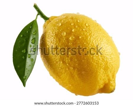 This image features a vibrant yellow lemon with a green leaf and water droplets on a white background. The lemon is the main focus with its textured skin and bright yellow color. The green leaf adds a pop of contrast and freshness to the image. The water droplets on both the lemon and leaf suggest a sense of purity and cleanliness. The image appears to be a studio shot with a plain white background.