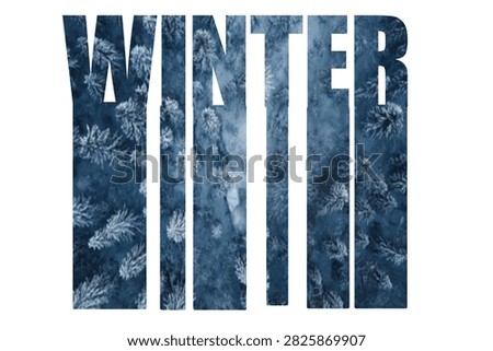 This image features the word 'winter' with each letter filled with a watercolor pattern of pine branches against a white background, creating a seasonal graphic.