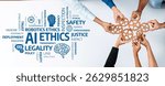 This image illustrates a collaborative approach to AI ethics, emphasizing the importance of safety, transparency, and justice in technological advancements and policy development. Amity