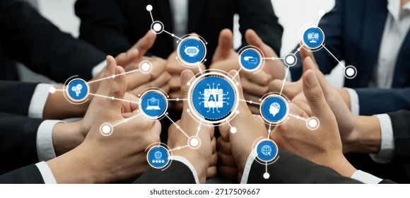 This image illustrates a collaborative effort in artificial intelligence development, showcasing business teams uniting to foster innovation, strategy, and communication in technology. Amity