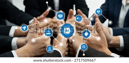 This image illustrates a collaborative effort in artificial intelligence development, showcasing business teams uniting to foster innovation, strategy, and communication in technology. Amity