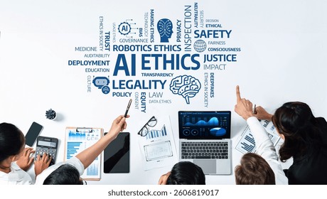 This image illustrates a collaborative workspace focused on key concepts of AI ethics, emphasizing governance, safety, and the impact on society norms and policies. Amity