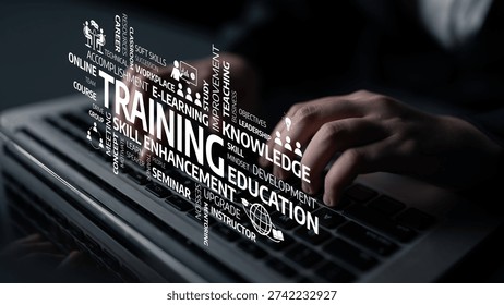 This image illustrates the concepts of training and education in an e-learning context, emphasizing skills enhancement and professional knowledge development. Tessel