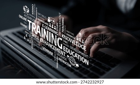 This image illustrates the concepts of training and education in an e-learning context, emphasizing skills enhancement and professional knowledge development. Tessel