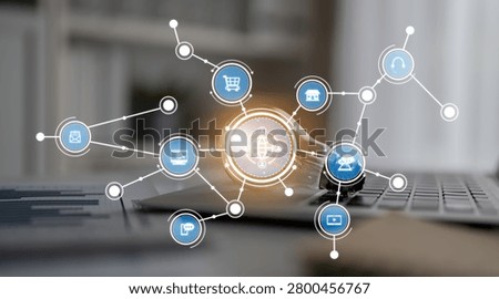 This image illustrates a digital network with multiple icons representing technology and online shopping, creating a modern workspace atmosphere ideal for business themes. Crux