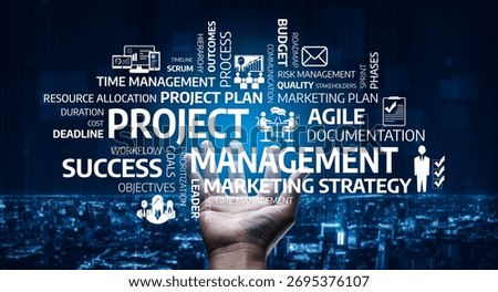 This image illustrates essential project management concepts, showcasing a hand holding key elements related to planning, workflow, and documentation in a strategic context. Tessel
