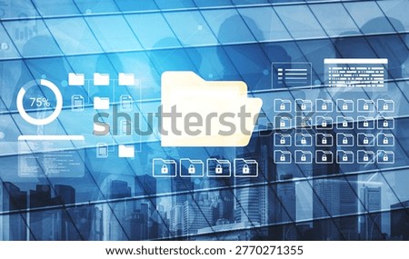 This image illustrates modern data management concepts featuring a folder icon and graphical interface elements against a cityscape background, emphasizing technology and security in business. Ledger