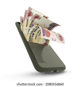 This image illustrates the modern intersection of traditional currency and digital finance in Egypt. It features a dark-colored smartphone floating at a dynamic angle, with a fan of 200 Egyptian Pound (EGP) banknotes emerging directly from the screen. The notes, which feature the iconic Mosque of Qani-Bay, are rendered with high detail, symbolizing fluid financial transactions. Set against a clean white background, this 3D composition represents mobile banking, e-wallets, and the shift toward a cashless society in the Egyptian market.