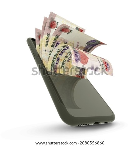 This image illustrates the modern intersection of traditional currency and digital finance in Egypt. It features a dark-colored smartphone floating at a dynamic angle, with a fan of 200 Egyptian Pound (EGP) banknotes emerging directly from the screen. The notes, which feature the iconic Mosque of Qani-Bay, are rendered with high detail, symbolizing fluid financial transactions. Set against a clean white background, this 3D composition represents mobile banking, e-wallets, and the shift toward a cashless society in the Egyptian market.
