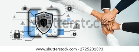 This image illustrates teamwork and collaboration among professionals with a digital data protection theme. It features hands united around a shield, signifying security. Trope