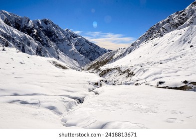This is an image of Kedarnath valley in Uttarakhand, India. The image was taken during the winter months when the portals of the Kedarnath temple remained close due to heavy snowfall.