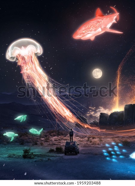 This\
image is made in a graphic editor. A man stands on the roof of a\
car. There are huge sea creatures all around\
him