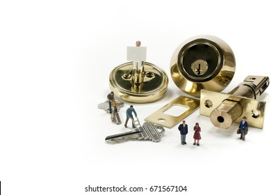 This image of a miniature locksmith with a door lock and parts on a white background advertises home security. Call a professional locksmith today for home, office, business and vehicle security.