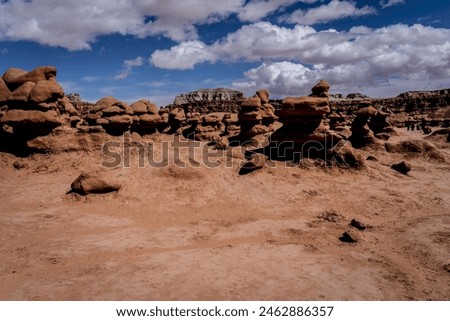 This image with numerous rock formations was taken at Goblin Valley State park near Hanksville, Utah