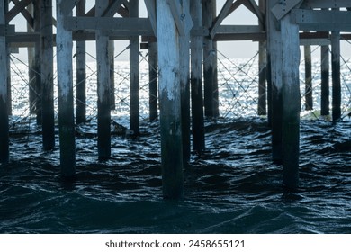 This image offers a serene yet powerful view beneath a pier, where sunlight dances on the sea's surface beyond the sturdy, barnacle-clad pillars, casting deep shadows and highlighting the textures of - Powered by Shutterstock