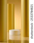 This image presents a pristine white cylindrical platform for product display against a backdrop of three yellow cylinders. The subtle reflections on the floor add a sense of depth to the image.