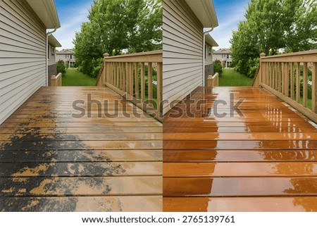 This image presents a striking before and after comparison of an outdoor deck. the left side displays a weathered