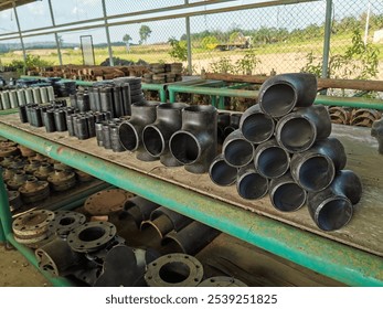 This image provides another view of various pipe fittings and connectors organized on metal tables. The items include T-joints, elbows, and other plumbing or mechanical fittings. 