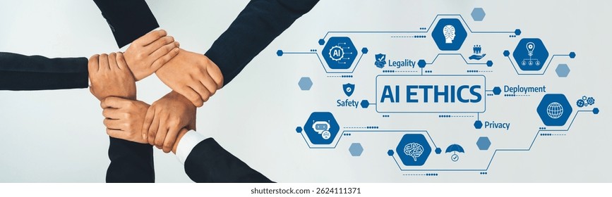 This image represents the importance of collaboration and shared values in addressing AI ethics, highlighting principles like safety, privacy, and legality in technology development. Amity