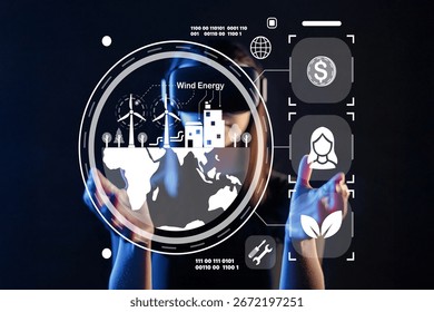 This image represents the intersection of technology and renewable energy, highlighting wind energy with an interactive user interface, showcasing innovation and sustainability efforts.