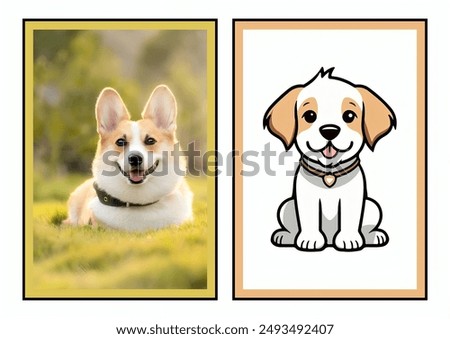 This image set features a charming dog in two styles: a realistic photo of the dog outdoors on green grass, and a playful cartoon version. Perfect for pet care ads, children's books, educational mater