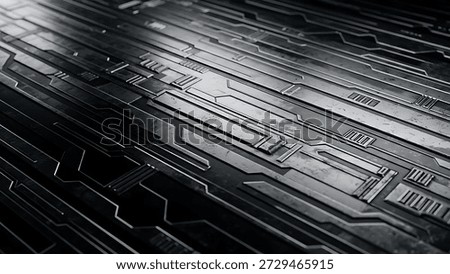 This image showcases an abstract surface composed of metallic panels with a geometric design. The composition features linear elements and intricate details, rendered in shades of gray. The lighting highlights the textures and shapes creating a sense of depth. It can be used for various commercial projects related to technology or design.