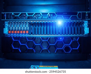 This image showcases advanced data center equipment featuring a blue light and a honeycomb design, symbolizing modern technology and innovation in digital storage.