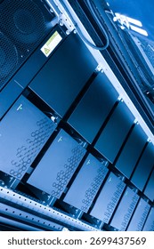 This image showcases advanced server technology within a modern data center, highlighting essential components and the organized layout for optimal performance and efficiency.