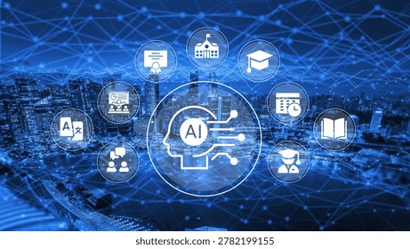 This image showcases artificial intelligence in education, blending futuristic elements and urban backdrops. Icons symbolize growth in learning and innovative technology. Ledger