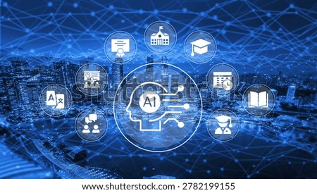 This image showcases artificial intelligence in education, blending futuristic elements and urban backdrops. Icons symbolize growth in learning and innovative technology. Ledger