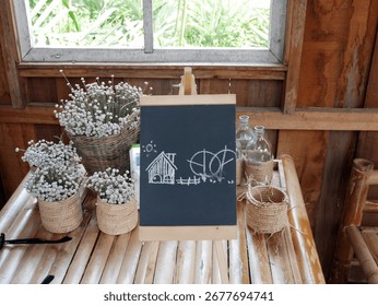 This image showcases a chalkboard featuring a simple house drawing alongside floral decor in a rustic wooden interior. Bright and inviting.