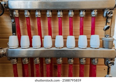 This image showcases a closeup view of a complex heating system that features striking red pipes along with whitecolored caps, illustrating the intricate design and functionality of the machinery