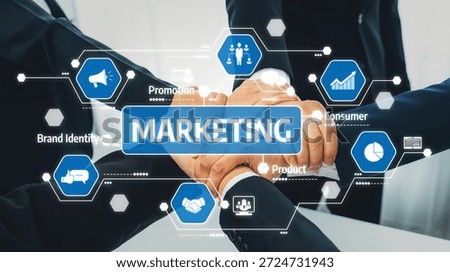 This image showcases a collaborative approach to marketing, emphasizing teamwork and consumer engagement through various graphics and icons relevant to business strategies. Amity