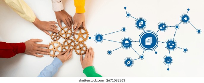 This image showcases a collaborative management approach with hands assembling gears, representing teamwork and digital connectivity in modern business operations. Amity
