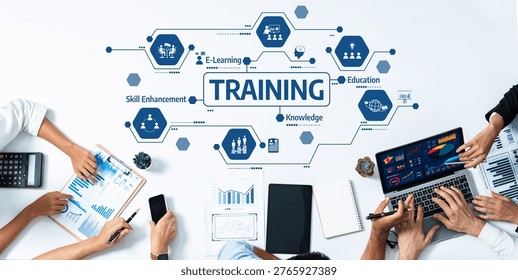 This image showcases a collaborative training session highlighting e-learning concepts, digital tools, and diverse participants engaged in skill enhancement activities. Amity