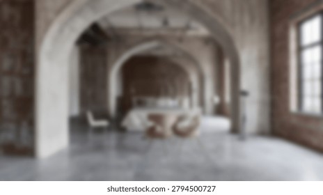 This image showcases an elegant interior architectural design featuring arched doorways and windows, bathed in natural light within a historic building. The space is open and airy, with a focus on the interplay of light and shadow.