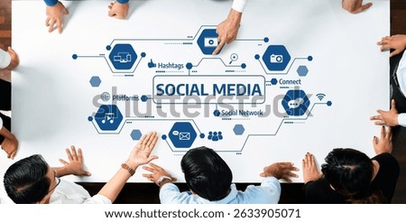 This image showcases a group engaged in a collaborative session about social media, highlighting various elements such as hashtags and platforms to depict digital networking. Amity